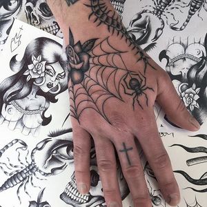 hand tattoo by mollythabumting #mollythabumting #spiderweb #hand #rose #spider #illustrative