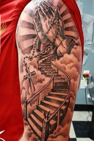 Stairs to heaven, scroll hands and dove custom tattoo