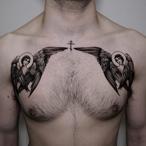 Tattoo by Andrew Borisyuk #AndrewBorisyuk #illustrative #angels #wings #feathers #cross #halo #blackandgrey #chestpiece