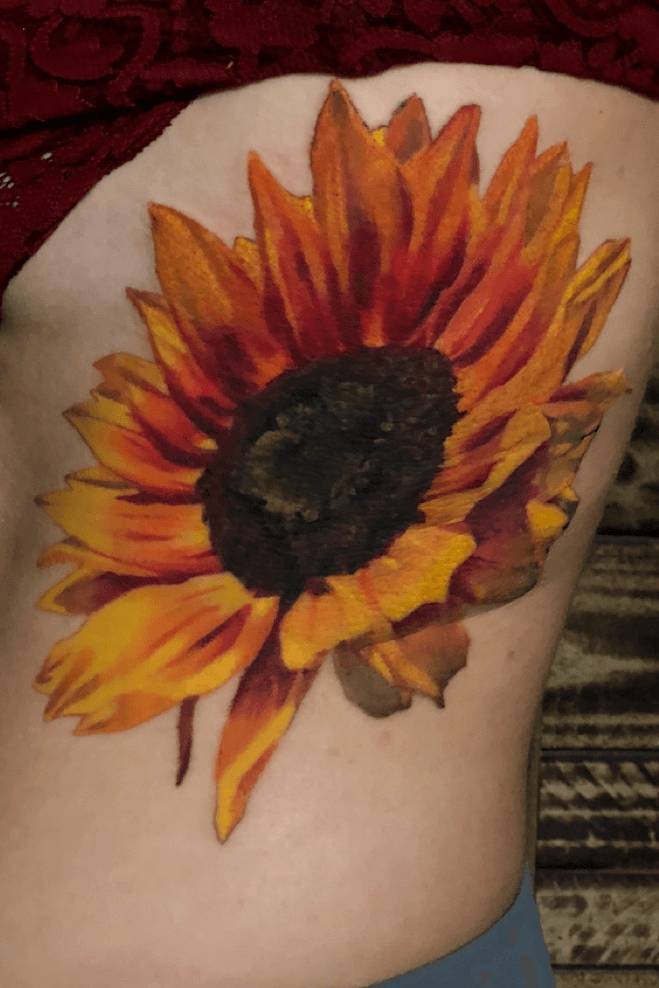 Red Rose Flowers And Sunflower Tattoo On Side