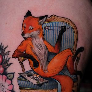Tattoo by Andrew Borisyuk #AndrewBorisyuk #color #illustrative #neotraditional #fox #sushi #armchair #beautiful #chopsticks #animal #cute #flower