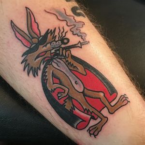 Tattoo by Ross K Jones #RossKJones #tvshowtattoo #tvshow #tvtattoo #WileECoyote #coyote #looneytoons #color #traditional