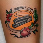 Tattoo by Tony Talbert #TonyTalbert #tvshowtattoo #tvshow #tvtattoo #TheOffice #comedy #beets #stapler #jello #color #traditional