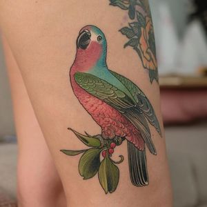 Tattoo by Andrew Borisyuk #AndrewBorisyuk #color #neotraditional #realism #bird #parrot #wings #feathers #leaves #berries #nature #animal