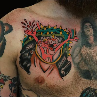 Tattoo by Alex Zampirri #AlexZampirri #AZamp #tvshowtattoo #tvshow #tvtattoo #PinkPanther #cat #Christ #Jesus #crownofthorns #surreal #strange #funny #blood #rainbow #portrait
