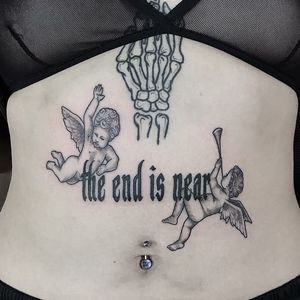 Tattoo by Honeytripper #Honeytripper #letteringtattoo #lettering #text #quote #font #script #calligraphy #angels #cherubs #wings #feathers