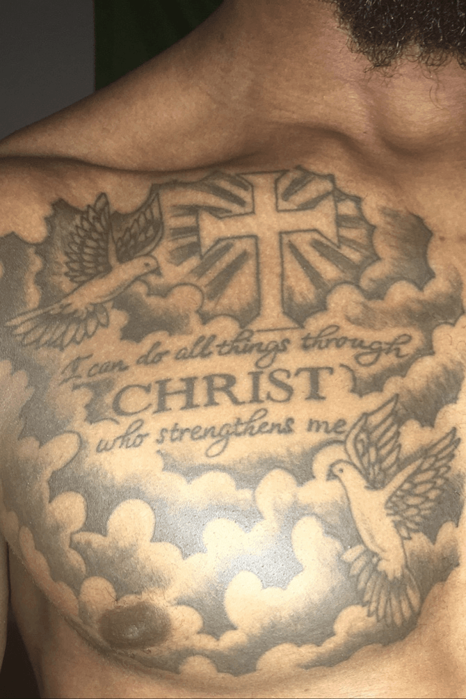 Philippians 413 on chest by Jeremy at Liberty Tattoo College Station TX   Bible verse tattoos Verse tattoos Neck tattoo