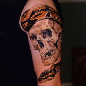 Tattoo by Andrew Borisyuk #AndrewBorisyuk #color #realism #realistic #skull #skeleton #death #snake #reptile #animal #nature