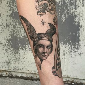 Tattoo by Andrew Borisyuk #AndrewBorisyuk #blackandgrey #portrait #ladyhead #wings #feathers #star #tears #surreal #lady #strange #beautiful