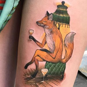 Tattoo by Andrew Borisyuk #AndrewBorisyuk #color #illustrative #neotraditional #fox #animal #glass #champagne #wine #drink #lamp #victorian #dapper #vintage #cute #beautiful