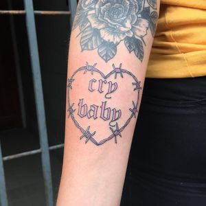 Tattoo by Alex Royce #AlexRoyce #letteringtattoo #lettering #text #quote #font #script #calligraphy #pink #barbedwire #crybaby #cute #heart