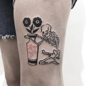 Tattoo by Fimm Ignativ #FimmIgnativ #favoritetattoos #favorite #best #blackwork #Japanese #Japanesestyle #painterly #ink #skeleton #vase #flowers #floral #fish #koi #plant #nature