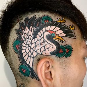 Tattoo by Owen Yu #OwenYu #favoritetattoos #favorite #best #heron #bird #feathers #crane #headtattoo #wings #freedom #plant #nature