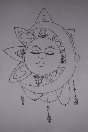 Third drawing, no tone just an outline, dreamcatcher, sun and the moon.