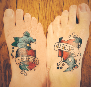 Couples tattoo I drew up and me and my wife got done for our first anniversary. #coupletattoo #foottattoo #AmericanTraditional #couplestattoo 