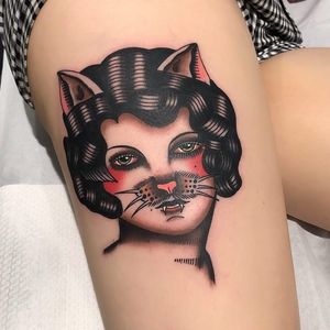 Tattoo by Kelly Red #KellyRed #portraittattoo #portrait #color #traditional #ladyhead #lady #catlady #cat #kitty