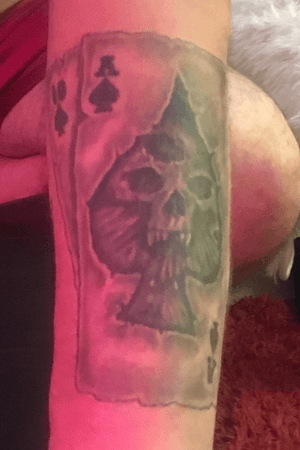 5th tattoo.  This one is for my dad. Ace 10 spaded always has  been my favorite texas holdem hand to get ever since it was the first hand that i used to beat my dad. We didnt have alot of money so my dad and i would just sit for hours and play cards. I was happy with that. I was just lucky to have a dad that tried #Cards #Gambling #Skull