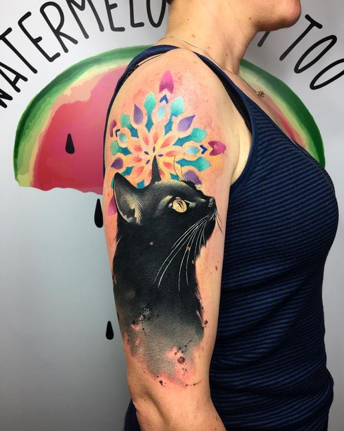 Cover up tattoo by #naiomitattoo at #watermelontattoo #davincicartridges #watercolor #cat #colorfultattoos #coverup