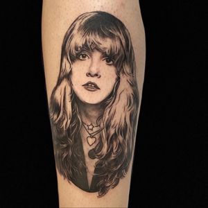 Tattoo by Holly Ellis #HollyEllis #portraittattoo #portrait #blackandgrey #illustrative #FleetwoodMac #StevieNicks #star #heart #music #singer #lady #ladyhead