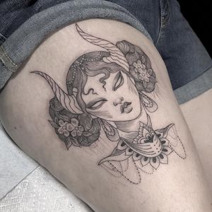 Tattoo by Anka Lavriv #AnkaLavriv #portraittattoo #portrait #illustrative #fineline #linework #lady #ladyhead #magic #horns #ornamental #flower #flowers #pearls