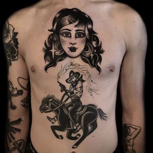 Tattoo by Austin Maples #AustinMaples #portraittattoo #portrait #blackandgrey #oldschool #traditional #ladyhead #lady #sparkle #cowboy #horse #smoke