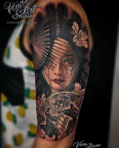 Tattoo by Vesso Alexiev at #vessoarttattoo #geishatattoo #samuraitattoo #colourtattoo #inked #vessoartstudio #pocklington 