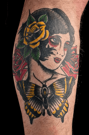 Original american tradional tattoo on calf. #AmericanTraditional #gypsy #moth #color 