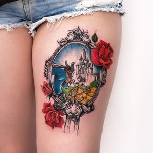 #BeautyAndTheBeast #Belle #Beast #Disney #flowers #roses #legtattoo #thightattoo #RobsonCarvalho tattoo artist is Robson Carvalho 