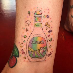 Tattoo by Lolli aka Poodles and Other Dogs #Lolli #PoodlesandOtherDogs #foodtattoos #food #foodporn #ranchdressing #ranch #salad #cute #pizza #lollipop #bow #star #color #illustrative