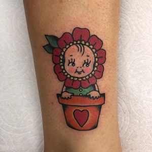 Tattoo by Jenn Matthews #JennMatthews #kewpietattoo #kewpiedolltattoo #kewpie #kewpiedoll #cutie #baby #flower #pot #flowerpot #heart