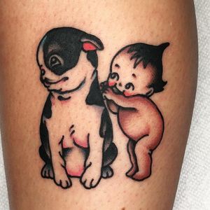Tattoo by Jason Ochoa #JasonOchoa #kewpietattoo #kewpiedolltattoo #kewpie #kewpiedoll #cutie #baby #pug #color #traditional #dog