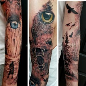 Second session on this ongoing full sleeve... #nature #naturetattoo #beartattoo #eye #eagle 