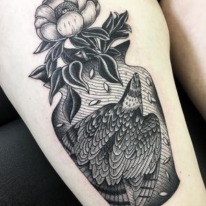 Tattoo by Fabingg #Fabingg #animaltattoo #animal #nature #blackwork #illustrative #vase #plant #flower #floral #bird #wings #feathers #falcon #linework