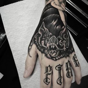 Tattoo by Celio Macedo #CelioMacedo #MotorinkFinest #Amsterdam #fat #graphic art #black gray #bats #animals #hand tattoo #letters