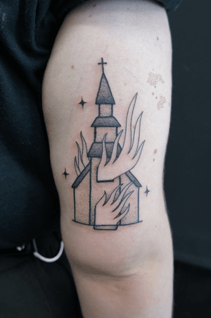 Burning church,flames and stars. Bold & fine line + dotwork. Traditional approach. •#burn #burnslow #burnitdown #burningchurch #norsk #vikings #dot #flames #linetattoo #lineart #lineworktattoo #liner #illustration #illustrationartists #illustrator #drawing #draw #drawings #tattoo #sketch #sketchbook #sketches #fire #fireworks #flash #flashtattoo #burneverything #nofilter #lightmyway #star