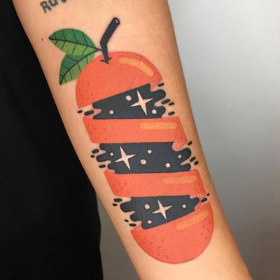 Tattoo by Winston the Whale #WinstontheWhale #foodtattoos #food #foodporn #orange #surreal #sparkle #color #newschool