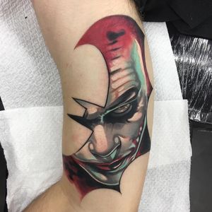 Tattoo by Celio Macedo #CelioMacedo #MotorinkFinest #Amsterdam #bold #graphicart #color #Batman #movietattoo #film #HeathLedger #Joker
