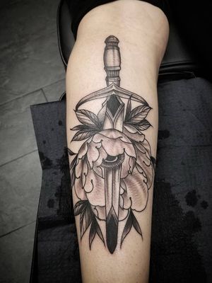 Black and grey neo traditional dagger and peony. 