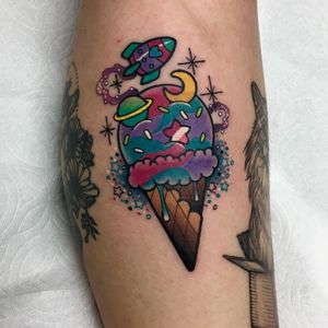 Tattoo by Roberto Euan #RobertoEuan #foodtattoos #food #foodporn #newschool #color #icecream #dessert #galaxy #space #spaceship #saturn #Moon #star #cute
