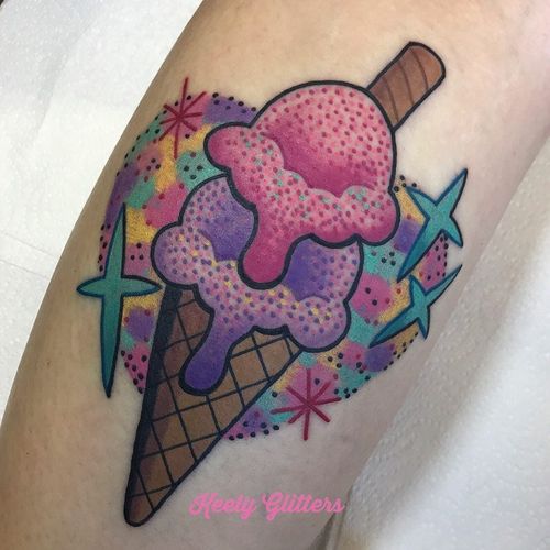 Tattoo by Keely Glitters #KeelyGlitters #foodtattoos #food #foodporn #newschool #icecream #dessert #sparkle #stars #color