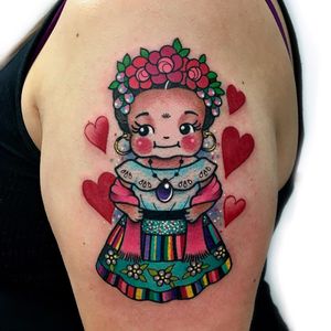 Tattoo by Roberto Euan #RobertoEuan #kewpietattoo #kewpiedolltattoo #kewpie #kewpiedoll #cutie #baby #FridaKahlo #roses #hearts #color #newschool