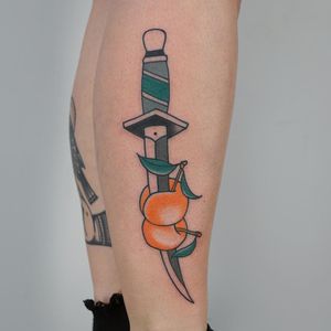 Tattoo by Patryk Hilton #PatrykHilton #foodtattoos #food #foodporn #sword #knife #orange #peach #fruit