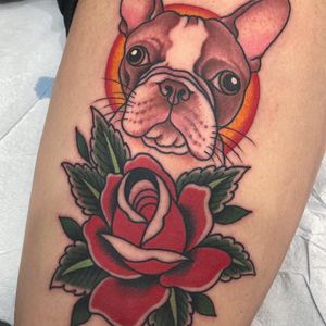 Tattoo by Matt Cannon #MattCannon #animaltattoo #animal #nature #dog #petportrait #frenchpug #pug #rose #leaves #flower #floral #color #traditional