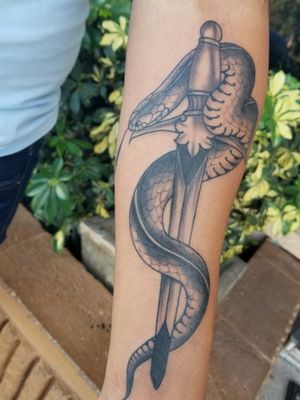 Neo traditional black and grey snake and dagger 