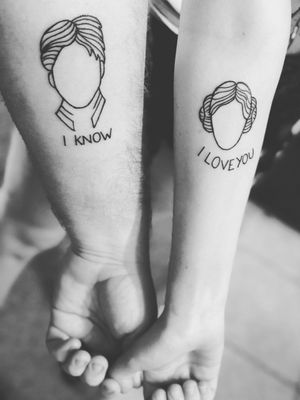 Fantastic post marriage matching tattoos with great line work and efficiency.