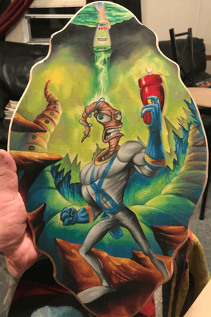 Earthworm jim colorpencil on wood FOR SALE
