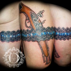 3D garter flintlock tattoo, 10 hours total Mandala piece for a good friend #tattoodesign #tattoos #tattoomafia #alexdavidsontattoos #design #instashare #lace #instaink #fkirons #xion #fkironsxion #tattoopen #tattoo #tat #tattooshop #art #eliteneedles #eternalink #dynamicink #girlswithtattoos #girlytattoos #garterbelt #pretty #guns #girlswithguns