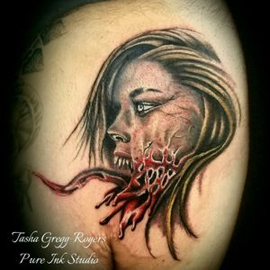 Horror inspired girl...#tattooingforjesus #tattoo #worldfamousink #eternalink #colortattoo #realistictattoo #tattooartistmagazine #horrortattoo #customtattoo #pureinkstudio #tattoosbytasha 