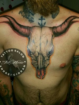 Bull skull tattoo by Andrei Cioran at INK.MANIA Tattoo Salon 