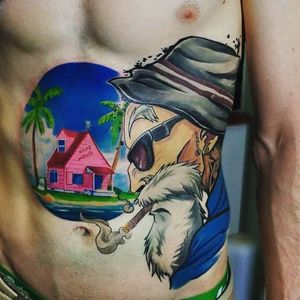 Tattoo by Lovas Gabor #LovasGabor #dragonballztattoo #dragonballz #dragonball #newschool #anime #manga #DBZ #kamehouse #MasterRoshi #island #palmtrees #landscape #house #home #cigar